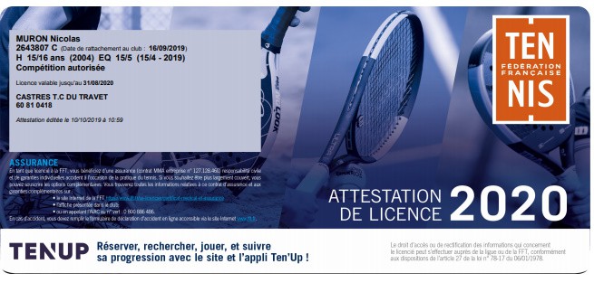Licence tennis internet 2019